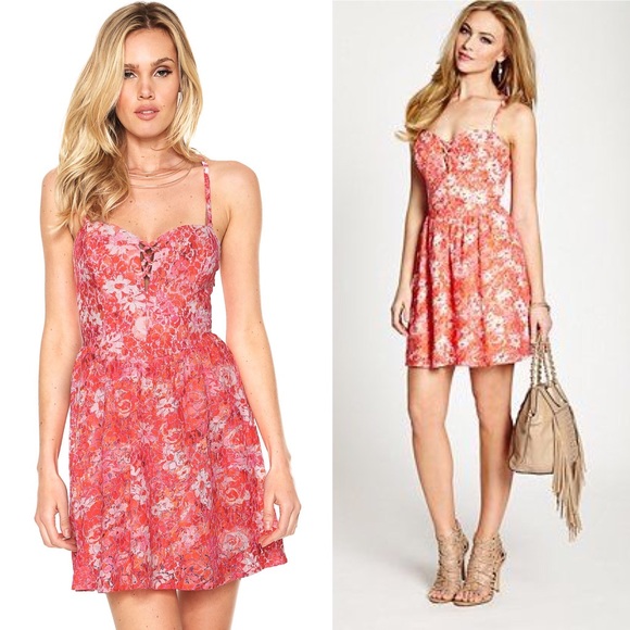 Guess Dresses & Skirts - [SOLD] Guess Pink Orange Floral Fit Flare Dress